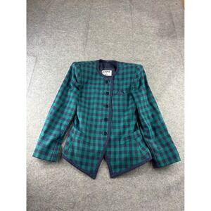 Kasper for ASL Vintage Green Navy Gingham Wool Blend Collarless Blazer Jacket 4